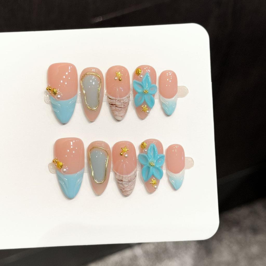10 Pcs Pink Almond Handmade Press On Nails With 3D Bow Design Full Cover False Nail Tips