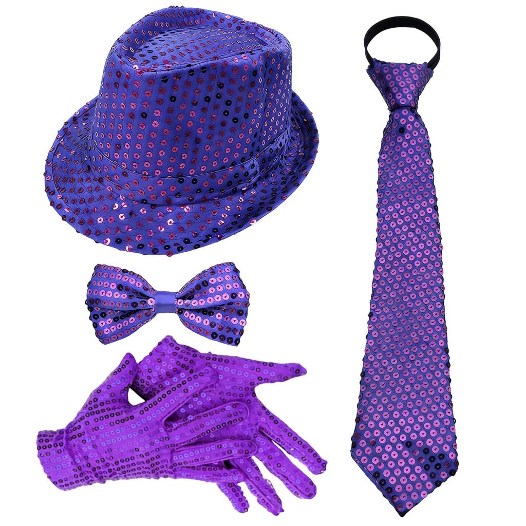 Prestandaprops: Paljettprydd hatt, slips, handskar, hängslen, herrkostym