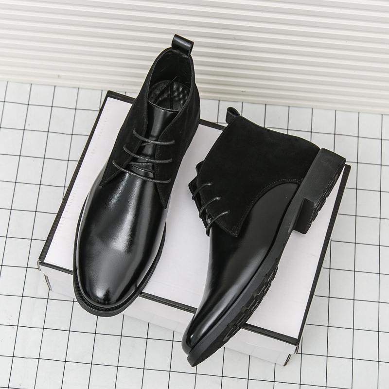 Luxury Brand Men's Shiny Leather Shoes Thick Soled Lace Up Office Commuting High Top Business Shoes Classic Men's Ankle Boots