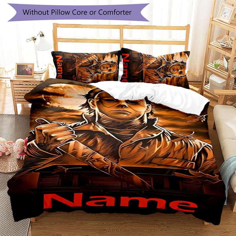 3pcs Custom Name Cartoon Michael Myers Bedding Set Duvet Cover Closure Includes 1 Duvet Cover & 2 Pillowcases for All Seasons Bedroom Decor