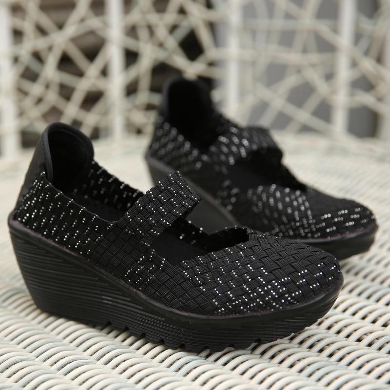 Dámské tkané elastické robustní podpatky na klínu Platforma pro volný čas Nízké podpatky Lehká prodyšná Mary Jane pro ženy Nazouvací lodičky Boty Vycházková obuv