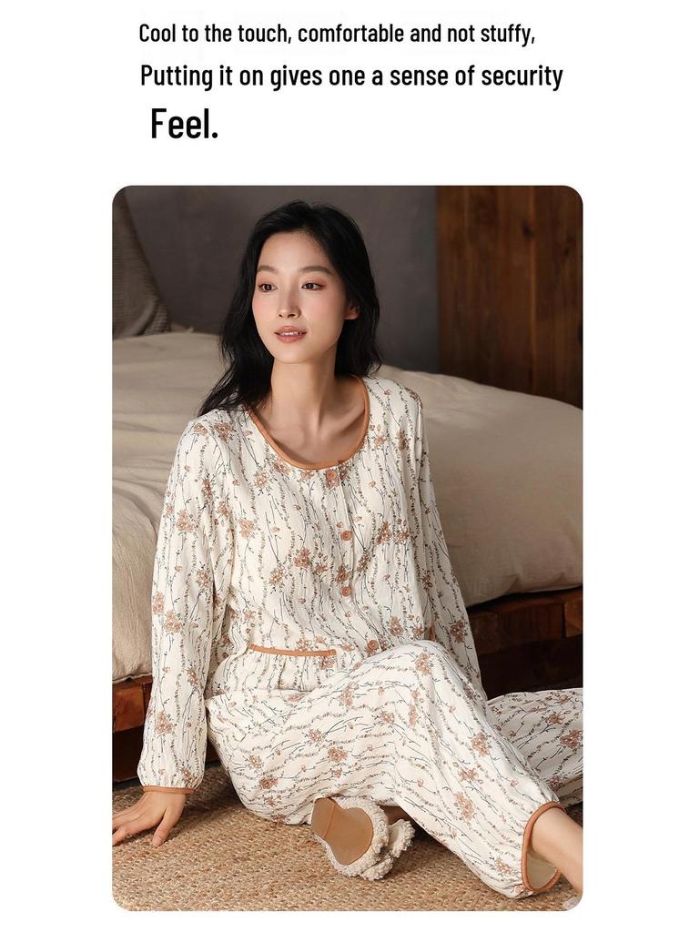 2025 Women's Cloud Cotton Cardigan Set with Chest Pads - Spring & Autumn Pure Cotton Long Sleeve Homewear