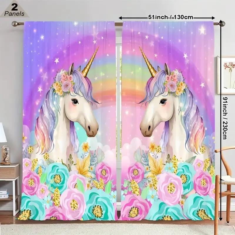 Jit 2Pcs Floral Unicorn Printed Curtain Design Drapes Polyester Window Decor For Home Living Room Kids Room Rod Pocket Curtai