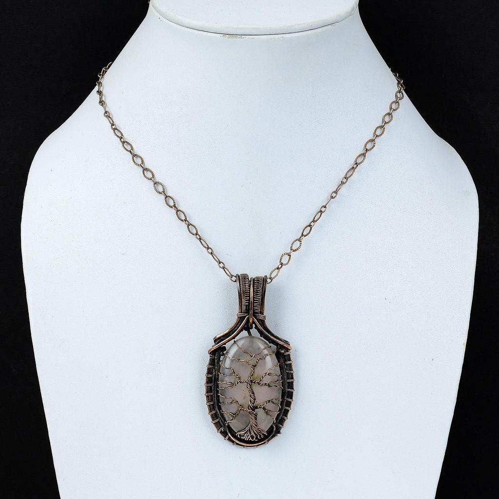Tree Of Life Rose Quartz Gemstone Pure Copper Wire Wrapped Handmade Jewelry Pendant