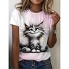 Fun Cat Pattern Print, Women'S Fashion, Women'S Comfortable Casual Round Neck Top, Women'S Elegant Round Neck T-Shirt