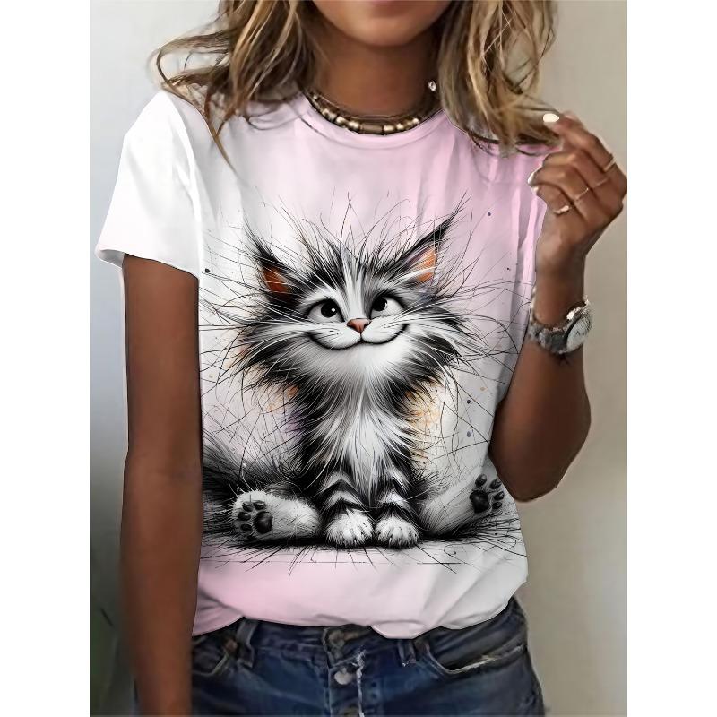 Fun Cat Pattern Print, Women'S Fashion, Women'S Comfortable Casual Round Neck Top, Women'S Elegant Round Neck T-Shirt