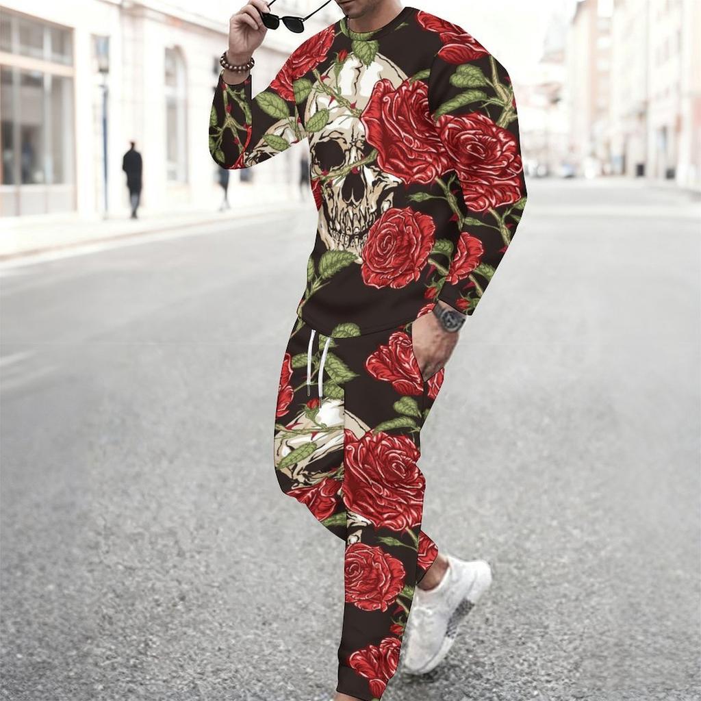 Men Black Background Purple Rose Skull Blue Butterfly Print Long Sleeve Sweatshirt Jogger Pants Two Piece Suit