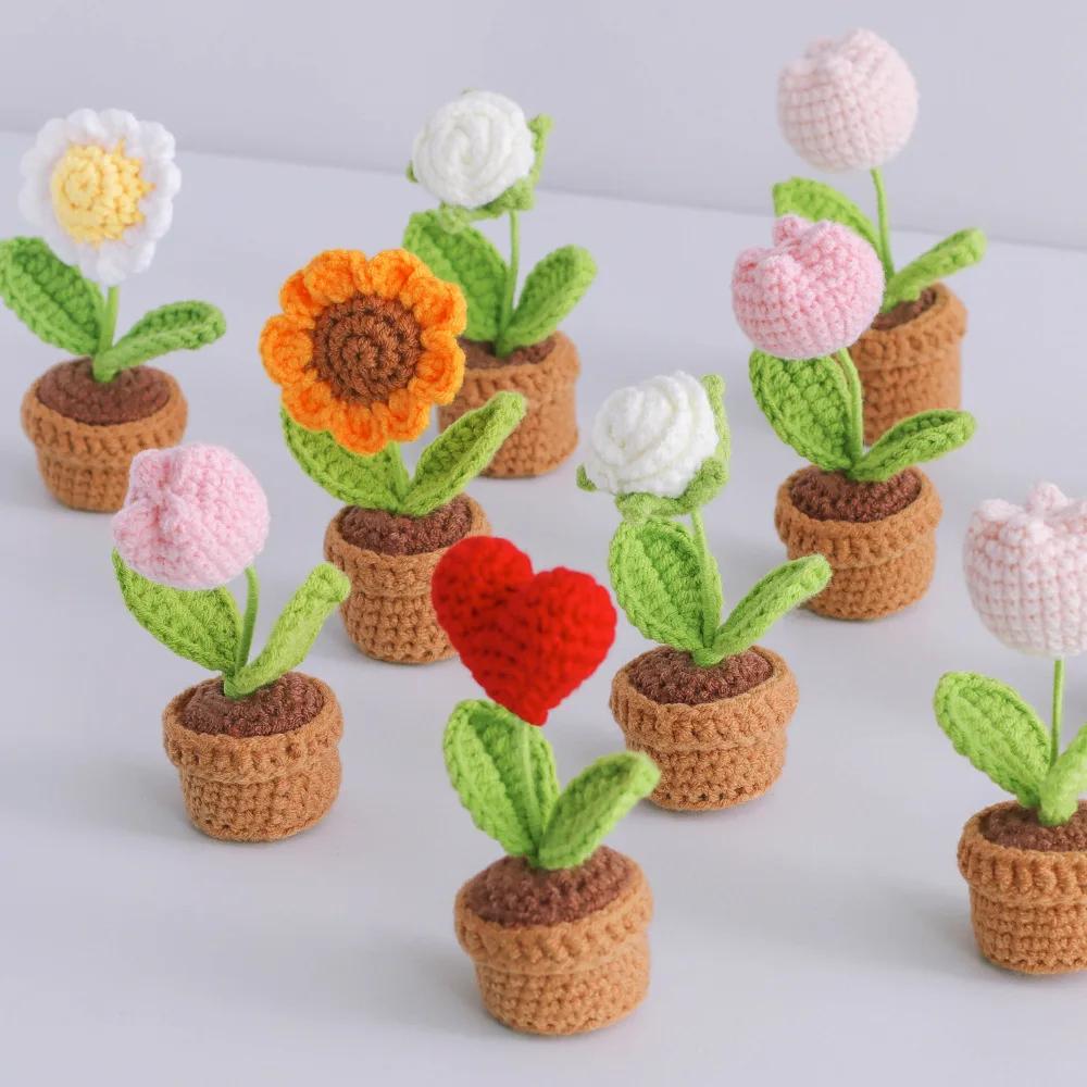 Crochet Sunflower Potted Finished Handmade Flower Kintted Plant Creative Fake Flower Cute Car Desk Decor  Gift