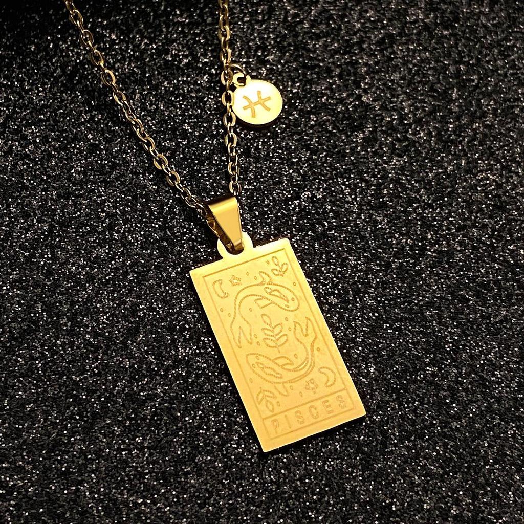 Stainless Steel Zodiac Tarot Card Necklace - Retro Square Pendant Clavicle Chain for Women