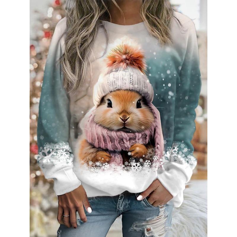 

Новая Рождественская Милая Футболка с Принтом Кролика Модная Футболка с Животным Собакой Кошкой Круглым Вырезом и Длинным Рукавом из хлопка Повседневные Женские Топы 7XL