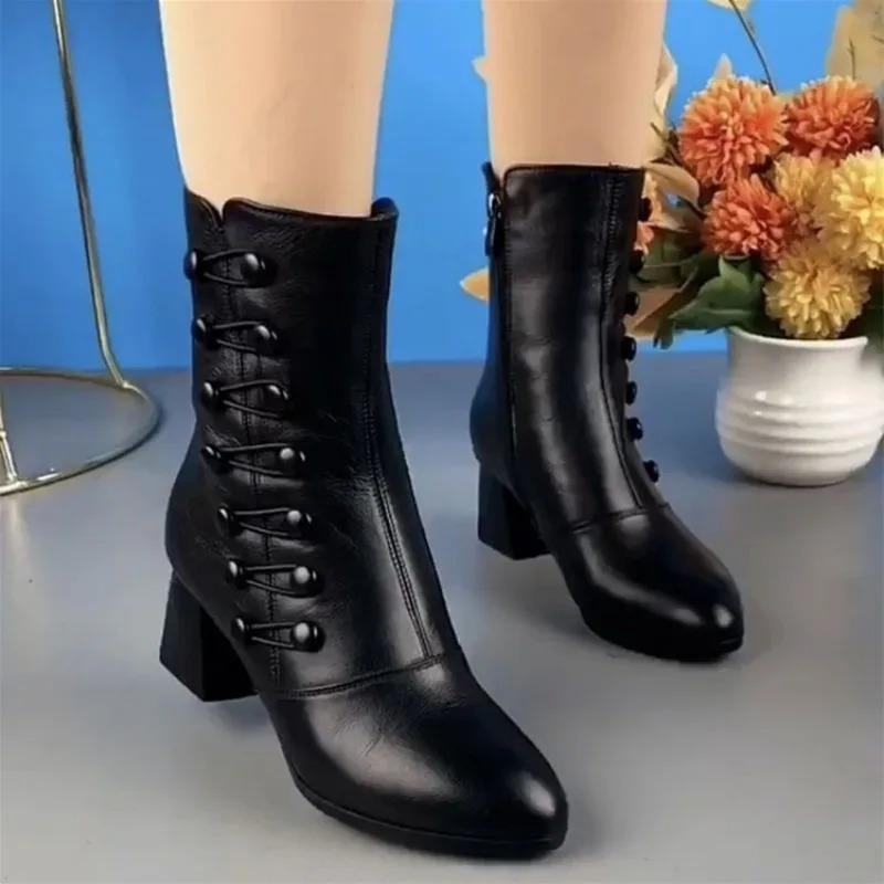 2026New Women Boots Plush Warm Winter Boot Fashion Mid-calf Leather Boots Pointe Design High-heeled Boots for Women Botas Mujer