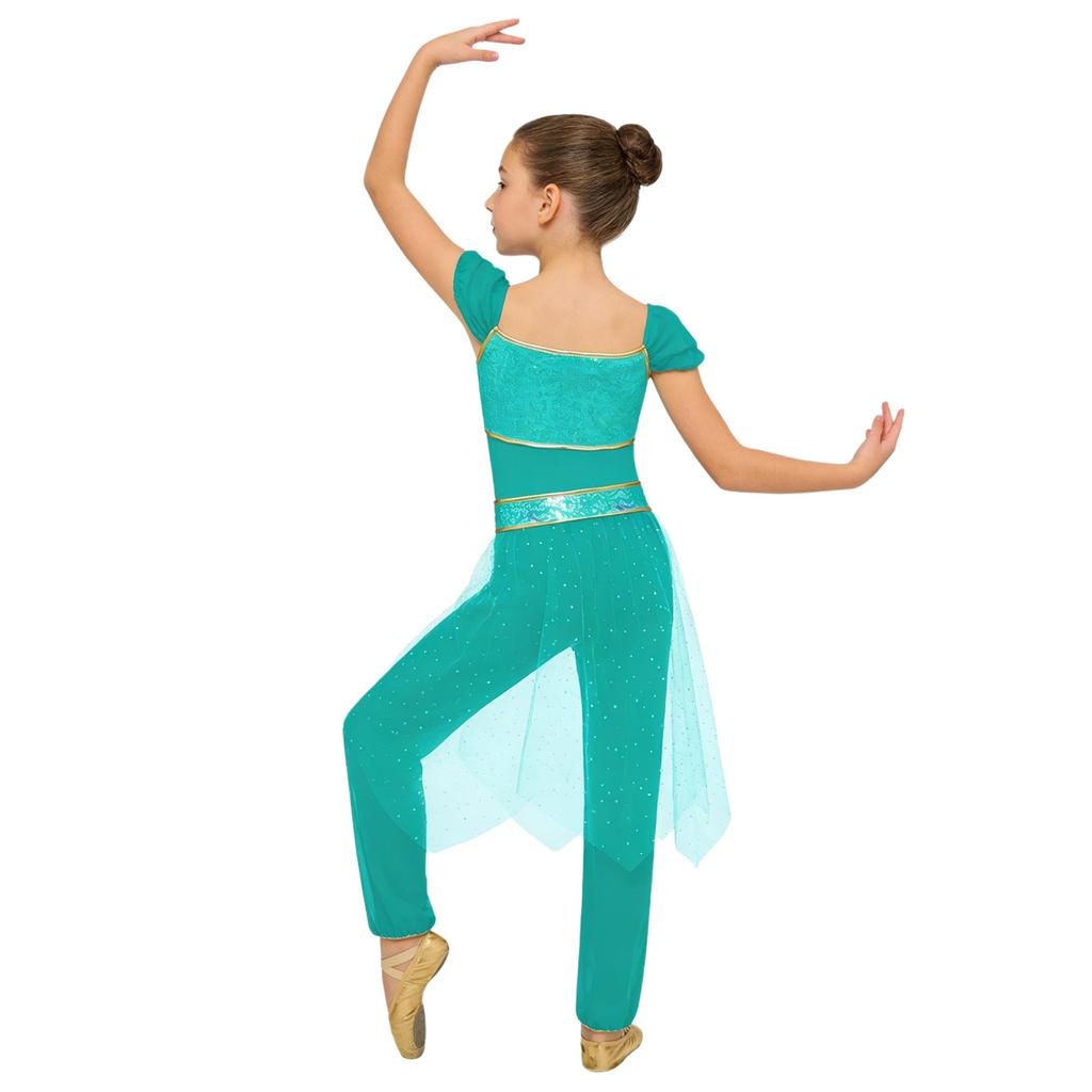 Girls Belly Dance Costume Arabian Princess Rompers Sequined Waist Tulle Overlay Jumpsuit Contrast Color Rhinestone Decor