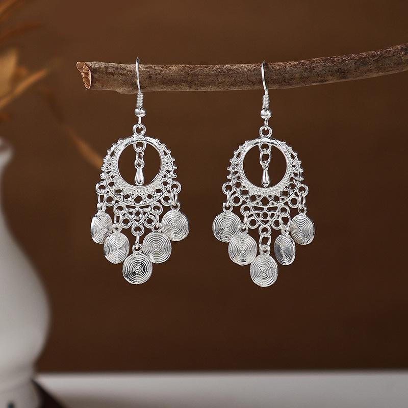 Ethnic Miao Silver Tassel Earrings - Retro Long Dangle Scenic Studs for Women