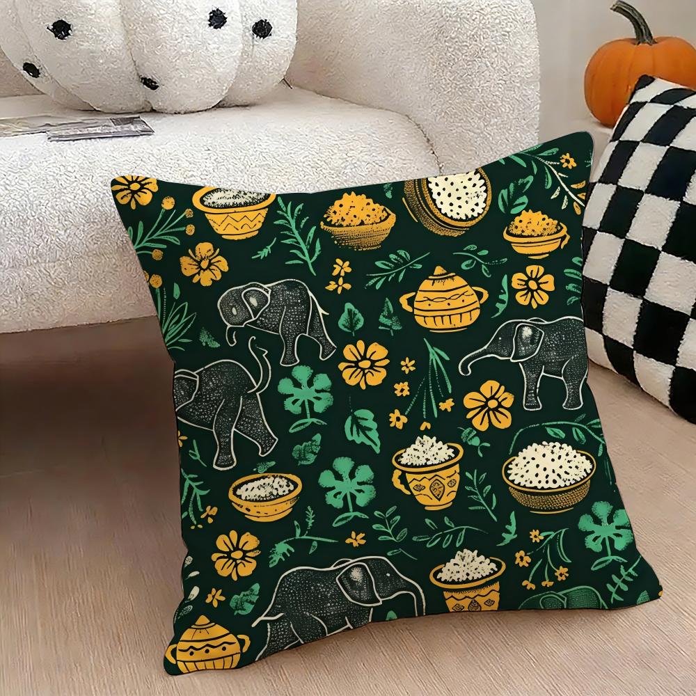 Elephant and Flower Cushion Cover Natural Linen Double Sided Print Throw Pillow Case for Sofa Couch Home Decor