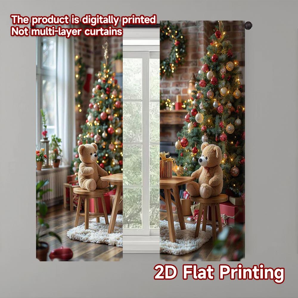 

Flat Printing Christmas Window Drapes Versatile Fabric Without Electricity Festive Holiday Perfect Po Curtain Set Of 2 Made Polyester Washable W100*H70(CM)-Grommet top&2PCS