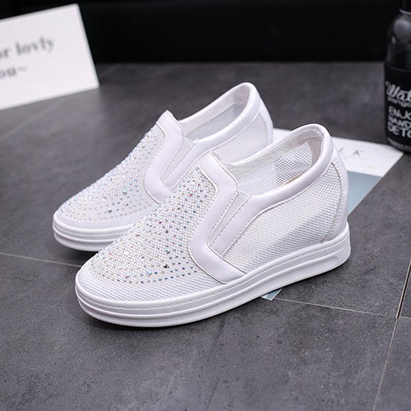 Fashion Comemore White Shoes Spring and Summer Wedge High Heels Women's Vulcanize Shoes Mesh Breathable Round Head Rhinestone Loafers