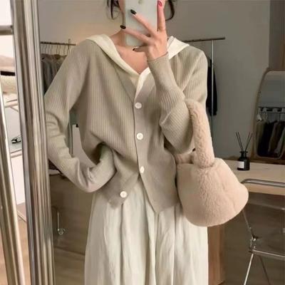 Sweet Splicing Fake Two-piece Knitted Cardigan Women's Autumn and Winter Niche Simple Versatile and Thin Hooded Sweater Jacket