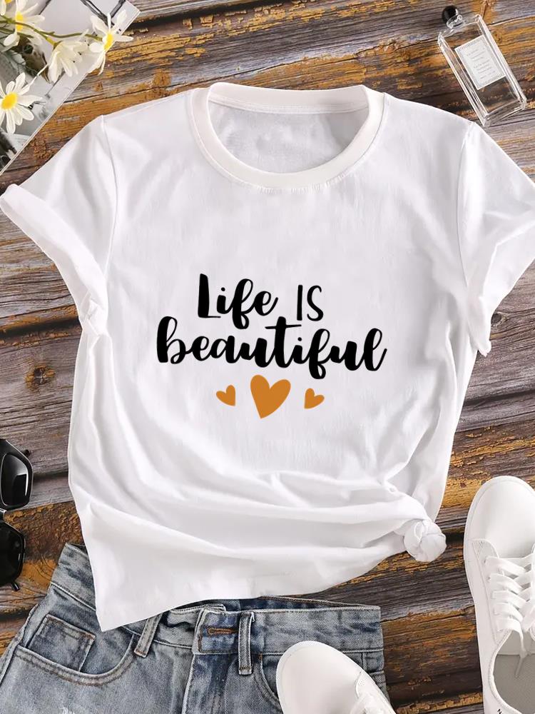 (Asian Size) Lady o-neck T Shirt Clothing flower letter Printed Female Top Casual Fashion Women Graphic Tee Short Sleeve T-shirts