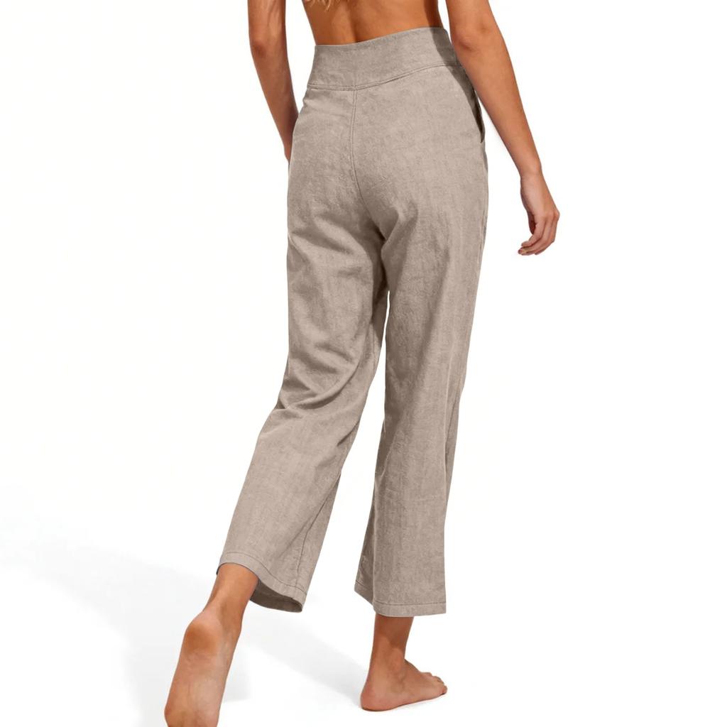 Women's Fashionable Loose-Fit Pocket Cotton-Linen Blend High-Waisted Wide-Leg Pants Casual Cropped Trousers