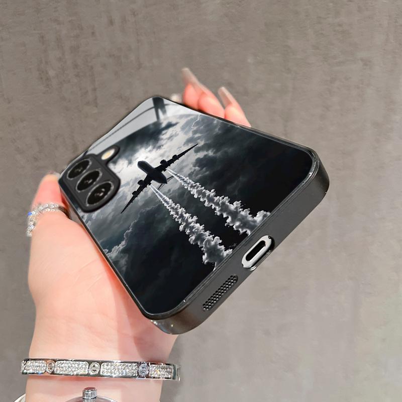 Fashion airplane pattern glass phone case suitable for Samsung Galaxy S26 S25 S24 S23 S22 S20 FE Ultra Plus anti fall back cover