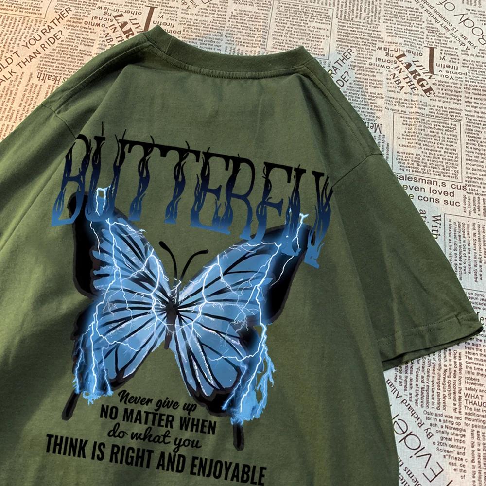 Blue Lightning Butterfly Creative Word T-Shirt Men Casual Oversized T-Shirt Casual Loose Tee Clothes Pattern Quality Tops