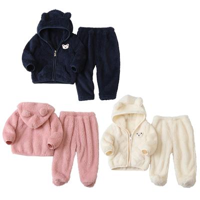 Conjunto de ropa de felpa para bebé, abrigo con cremallera y capucha, conjunto cálido y pantalones