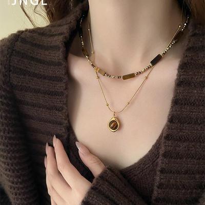 Autumn/Winter Layered Tiger Eye Pendant Necklace for Women - Double Clavicle Chain with High-End Sweater Chain Style