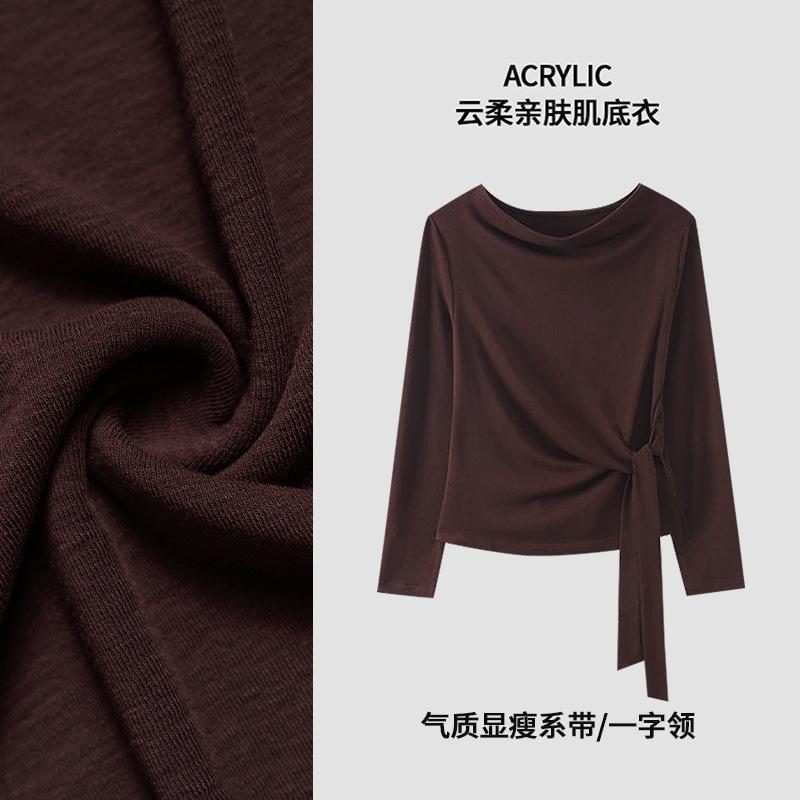 Tencel Long-sleeved Women's Clothing Autumn New Fashion Solid Color One-word Collar Thin Versatile Lace-up Top