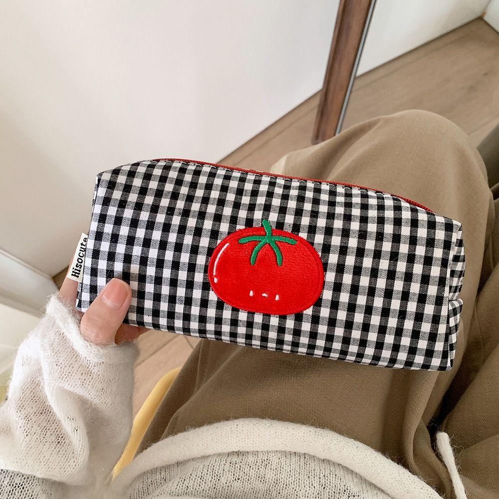 Tomato Gingham Makeup Bag Canvas Cosmetic Bag Cartoon Pencil Case  Students