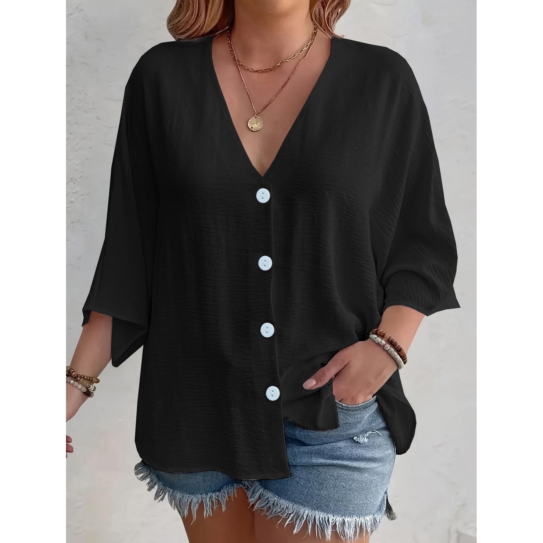

Женская повседневная футболка на весну и осень, модная футболка с V-образным вырезом и пуговицами, из мятого ледяного шелка, однотонный кардиган, топ с длинным рукавом M чёрный