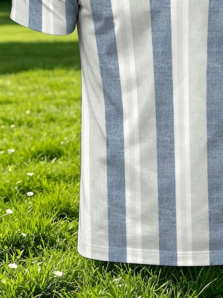 Men's Outdoor Polo Shirt, Available In Multiple Sizes, Features a Blue and White Wide Vertical Stripe Print. Stylish, Casual, and Comfortable, This
