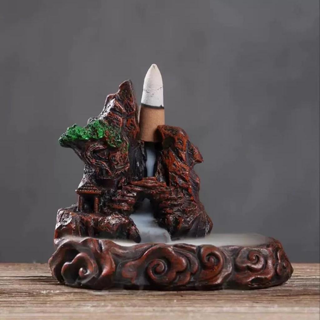 Creative Resin Backflow Incense Burner with High Mountain Flowing Water and Clouds Aromatherapy
