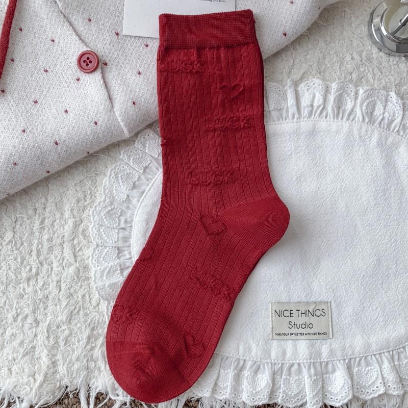 Big Red Socks Season Mid-Tube Cotton Socks Trend Dark Flower English Red Socks Wedding Red Socks