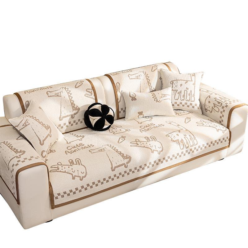 Cartoon Half Fleece Sofa Cushion  New Winter Simple Modern Seat Cushion Fixed Non-Slip Sofa Cover Cover Cloth