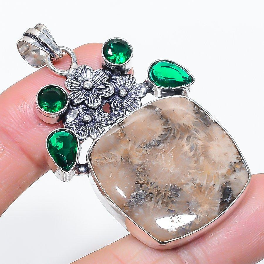 Natural Fossil Coral, Diopside 925 Sterling Silver Jewelry Pendant 2.21" J4O69