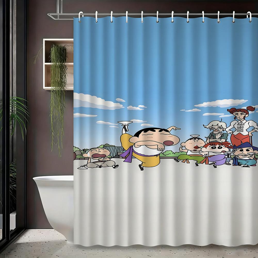 Crayon Shin-Chan & Himawari Superhero Press Conference Scene 2D Print Waterproof Shower Curtain, Blue Cityscape Bathroom Decor W
