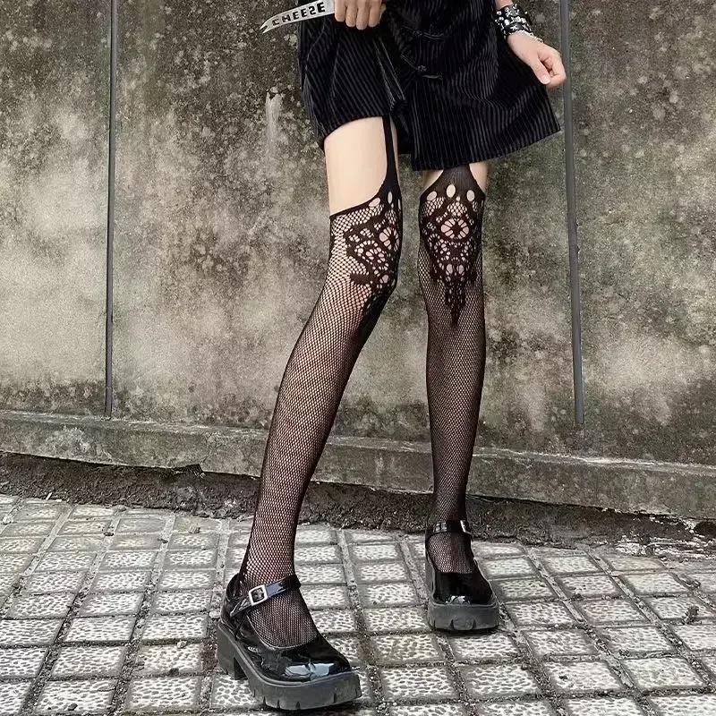Women Classical Design Harajuku Emo Mesh Tights Lingerie Thigh High Garters Hosiery Gothic Dark Girl Long Sexy Fishnet Stockings