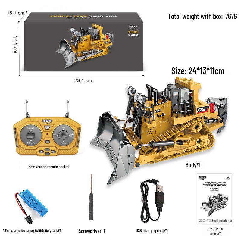 2.4G Nine-Channel Remote-Control Tracked Bulldozer 1:24 Alloy Engineering Toy Model