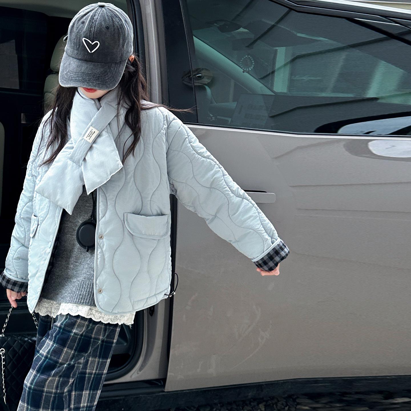 

Хлопковое пальто для девочек в корейском стиле 2025 года: Осенне-зимняя двусторонняя куртка с шарфом для детей старшего возраста 150 cm