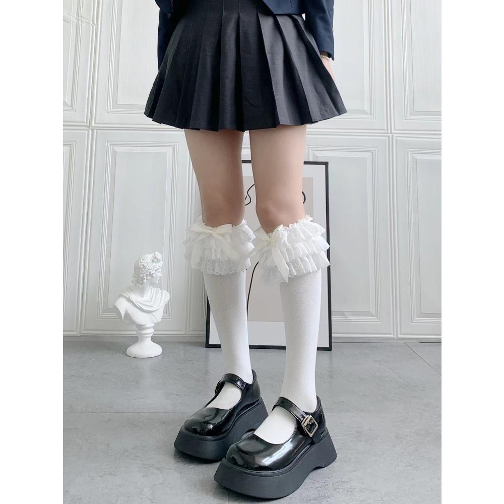 Lolita Oversized Lace Bow Mid Tube Socks Summer Sweet Lo Calf Socks Cotton Socks Lolita