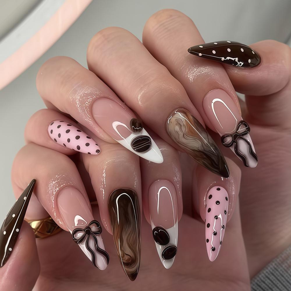 

24 pieces of long tip wearable nail French powder polka dot blending three-dimensional coffee beans European and American high-end nail pieces