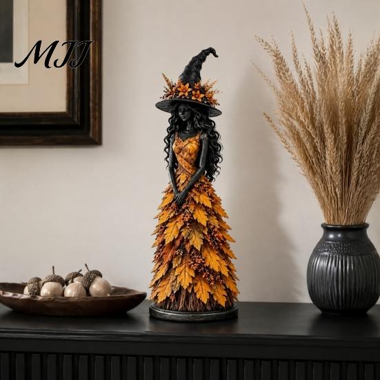 Autumn Home Decor Witch Figurine Statue, Resin Halloween Fall Tabletop Decor, Harvest Ornaments Shelf Ornament for Mantel Fireplace Desk Tiered