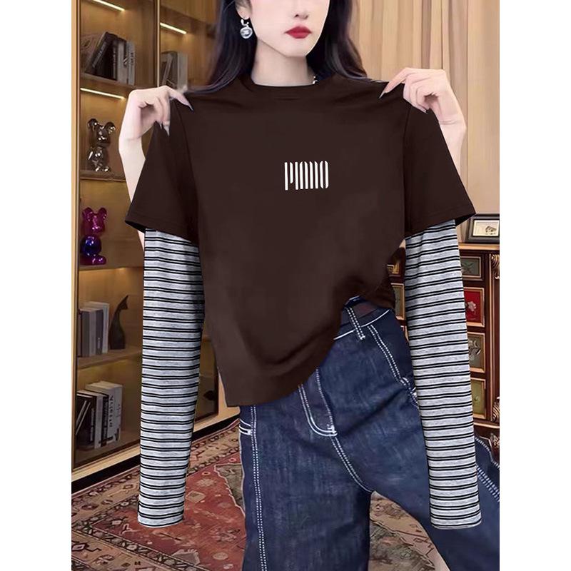 

Design-Sense Women s Faux Two-Piece Striped Long Sleeve Round Neck Top - Versatile Black T-Shirt for Spring, Autumn, Winter L
