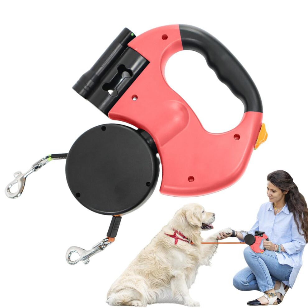 Double Pet Lead Rotatable 360 Degree Retractable Reflective Nylon Strap Red for Dog Walking and Training