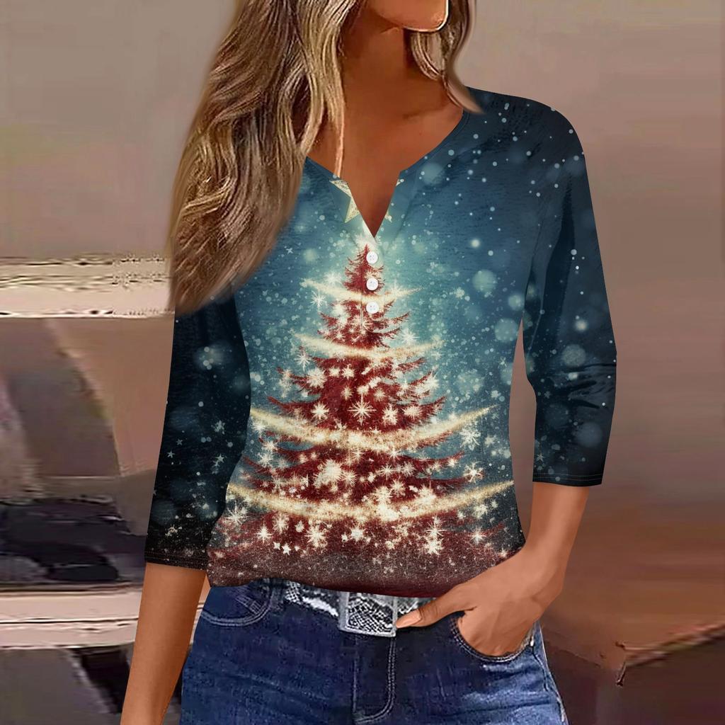 Women's T Shirt Tee Print Button 3/4 Sleeve Daily Weekend Fashion Basic V- Neck Regular Top