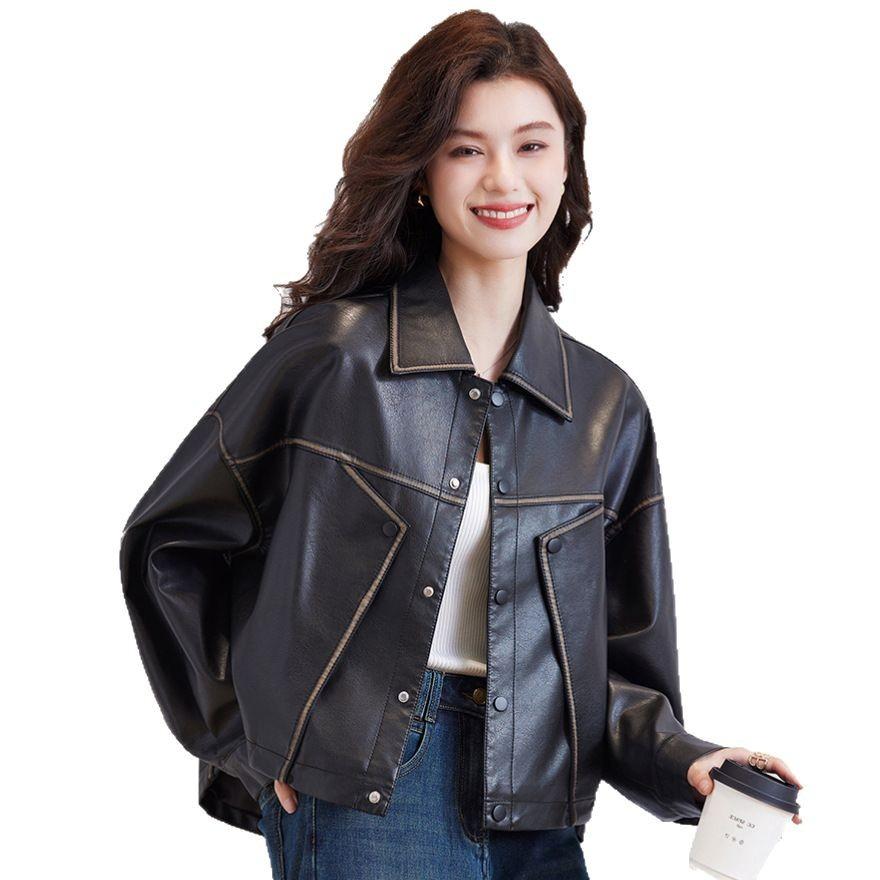 Fashion loose shoulder sleeves black leather jacket spring and autumn new fashion versatile locomotive style leather jacket women