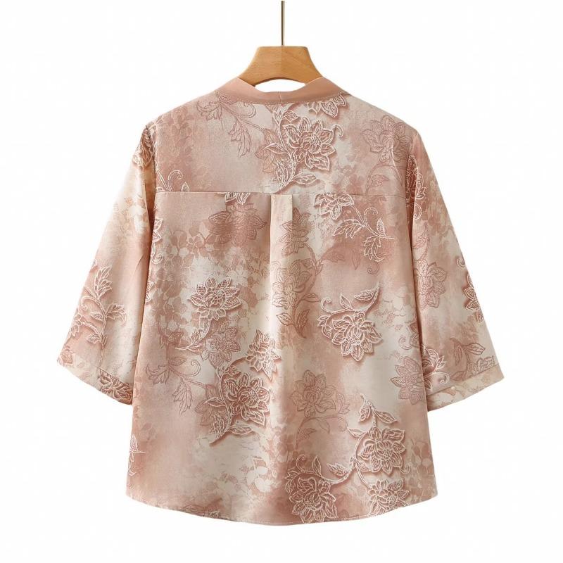 Women Light Green Floral Embroidery Bow V Neck Three Quarter Sleeve Elegant Blouse