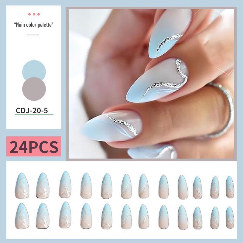 INS Style French Wearable Nails - Light Blue Gradient with Silver Glitter, Rhinestones, and Curved Manicure Stickers for a European and American Look.