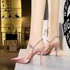 Women's Thin Heel 9.5cm High Heel Silk Satin Pointed Hollow Out Summer Shoes Rhinestone One-sided Belt Sandals