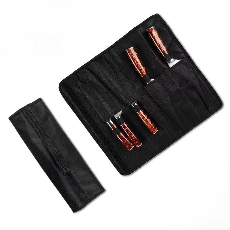 Black Chef Knife Roll - 5-Pocket Oxford Knife Bag for Kitchen/Cooking, Portable Durable Knife Storage Case with Carry Handle